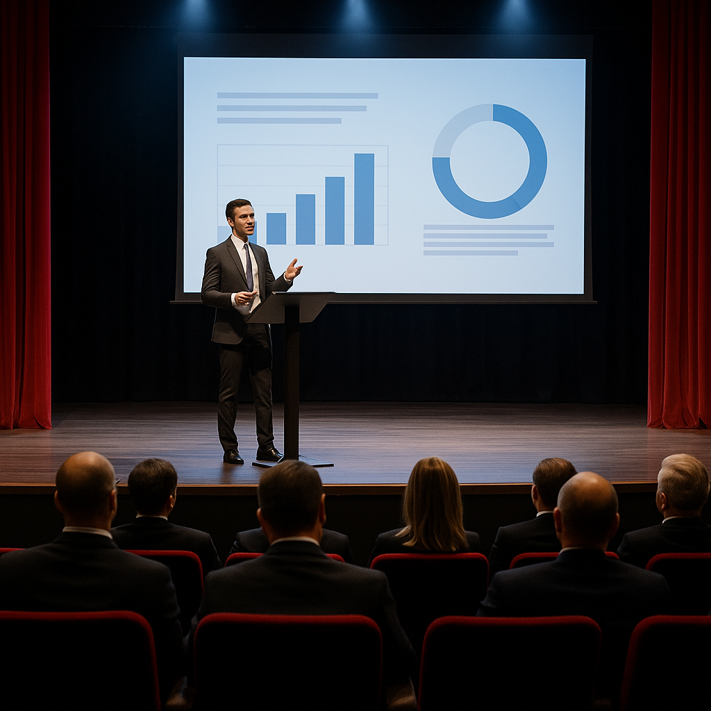 Conferencia empresarial en el Teatro Majestic con presentador y proyección