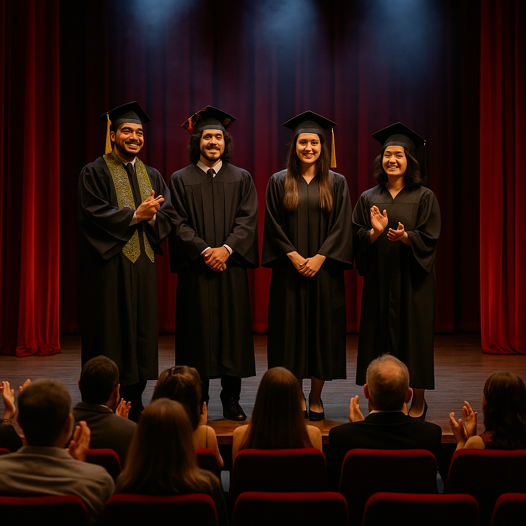 Ceremonia de graduación en el Teatro Majestic con estudiantes recibiendo aplausos