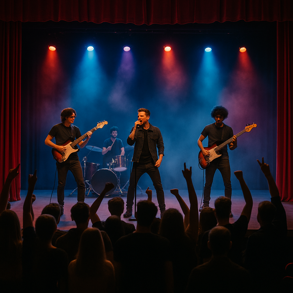 Concierto en el Teatro Majestic con banda en vivo y público aplaudiendo